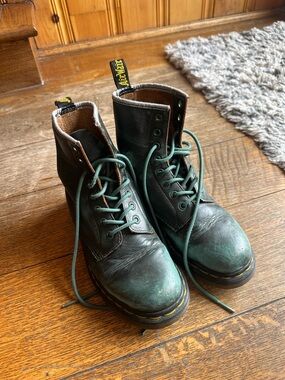Dr. Martens Dark Green Leather Lace-Up Boots with Yellow Stitching